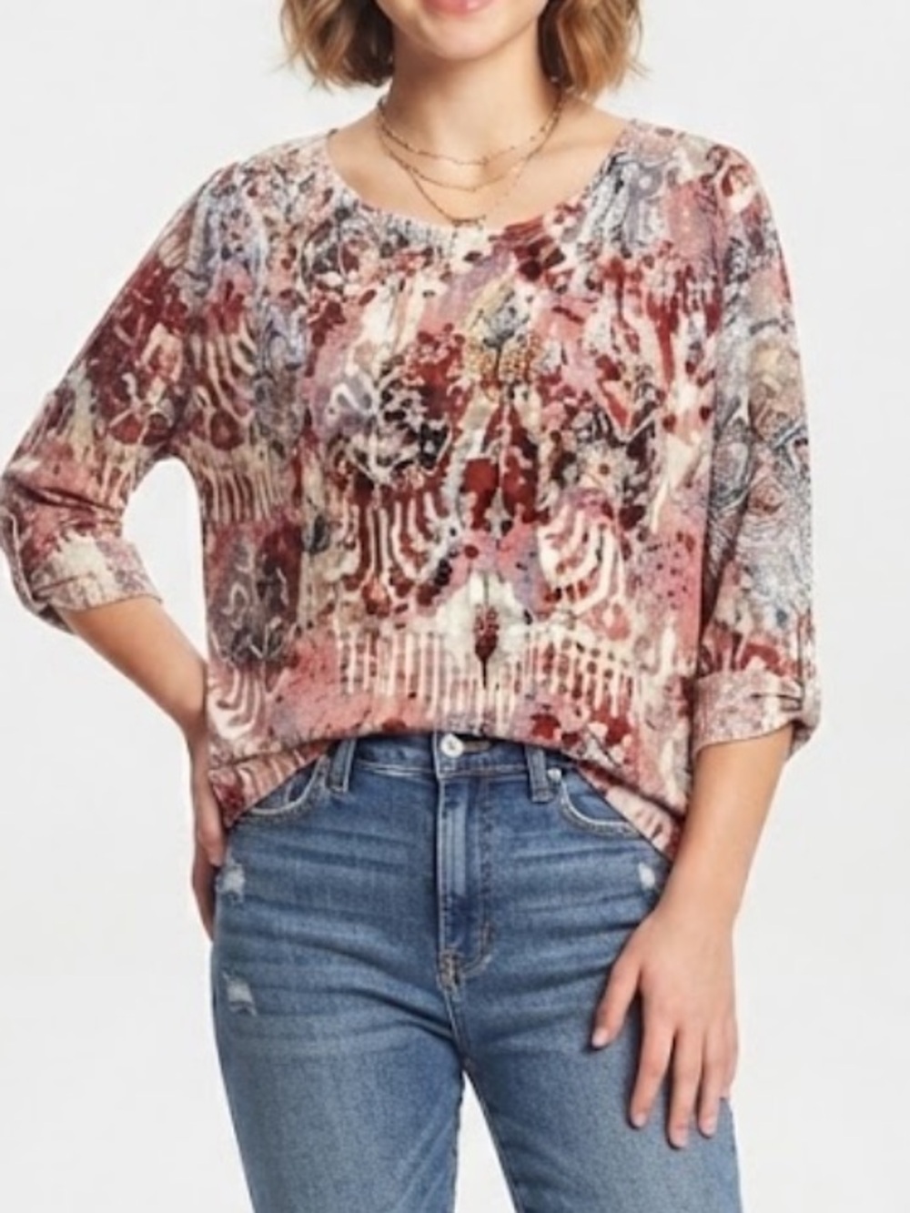 Roz & Ali Women’s Embellished Y2K Multicolor Printed 3/4 Sleeve Top Size 2X XXL